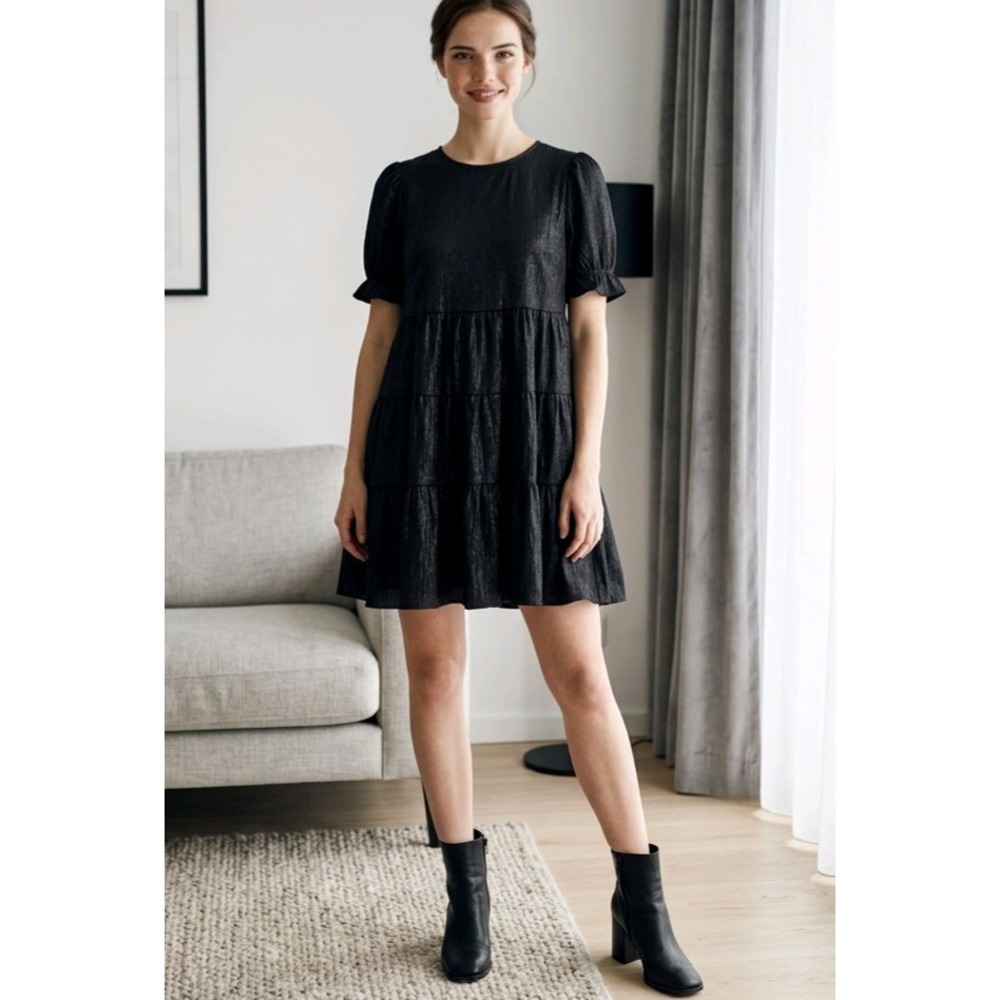 Lulus Black Crew Neck Short Trapeze Dress Balloon Sleeve Lined Size S